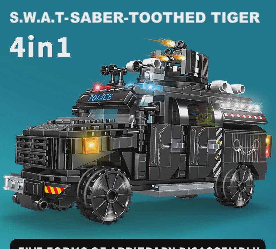 Building Blocks 4in1 Swat Police Series Sabre Toothed Tiger Truck 436pce