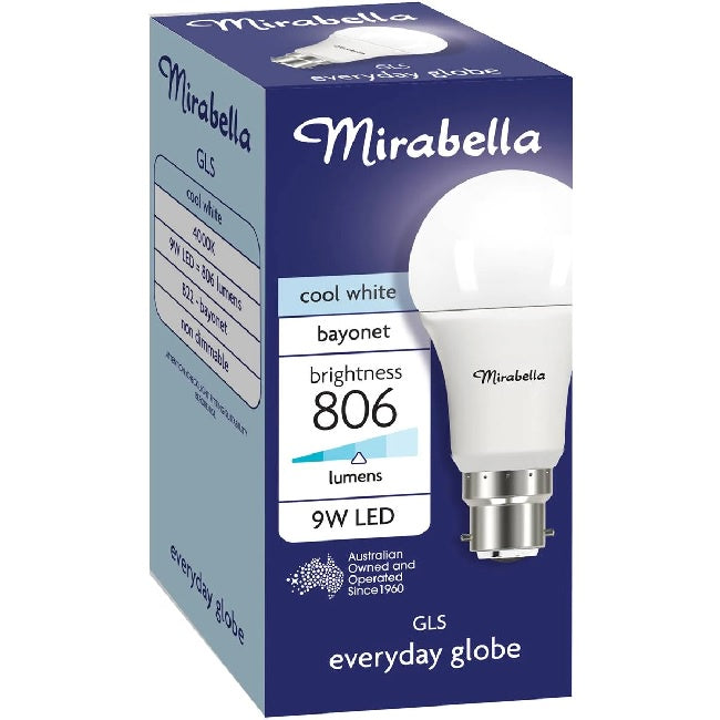 Mirabella LED Globe Cool White 4000K B22 Bayonet Cap 9W