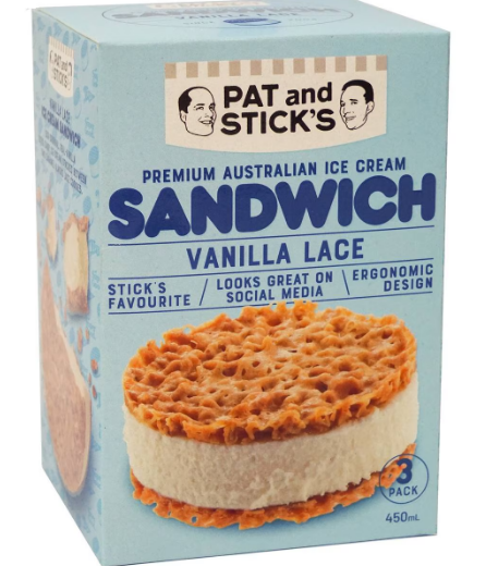 Pat & Sticks Vanilla Lace Ice Cream Sandwich 3pk