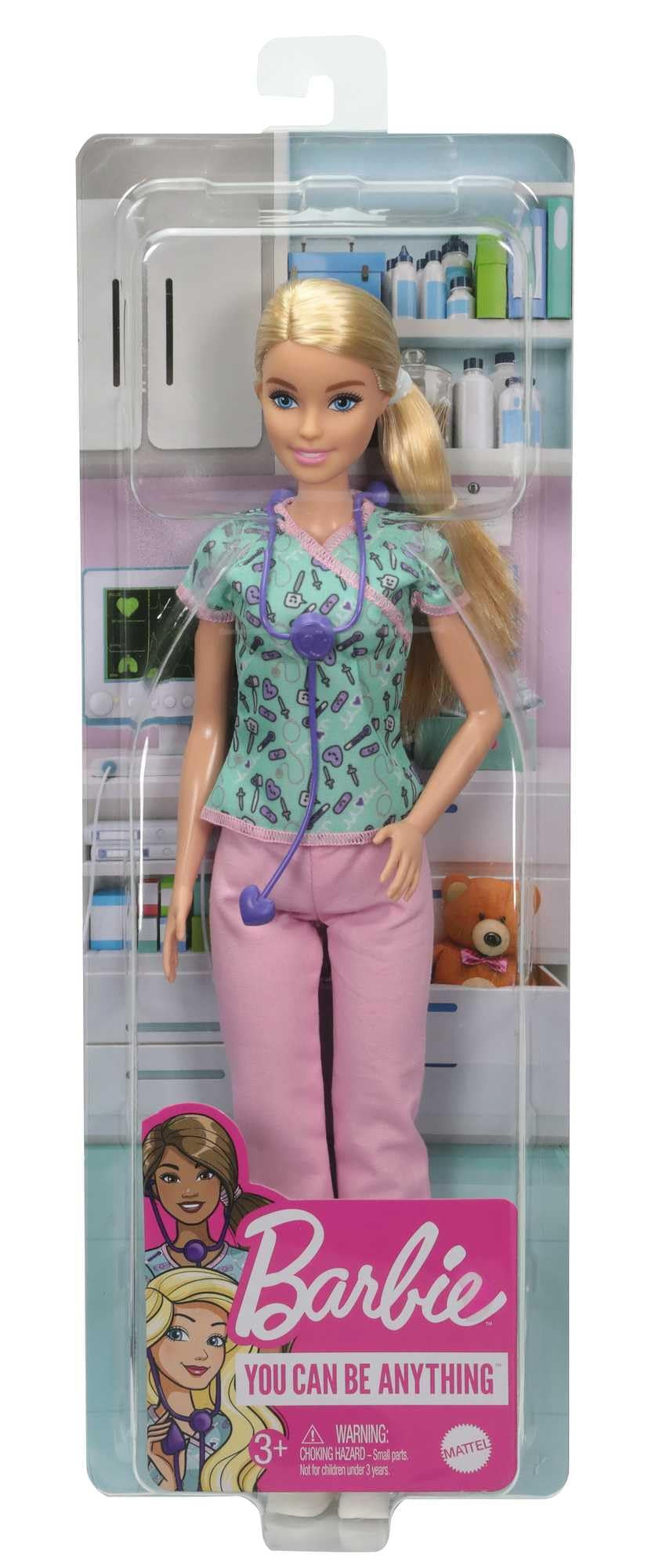 Barbie Nurse Fashion Doll with Medical Tool Print Top & Pink Pants, White Shoes & Stethoscope Accessory