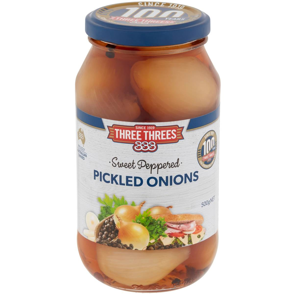 Three Three's Sweet Peppered Pickled Onions 500g