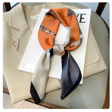 Luxury Animal Silk Satin Scarf Orange/Navy 70x70cm